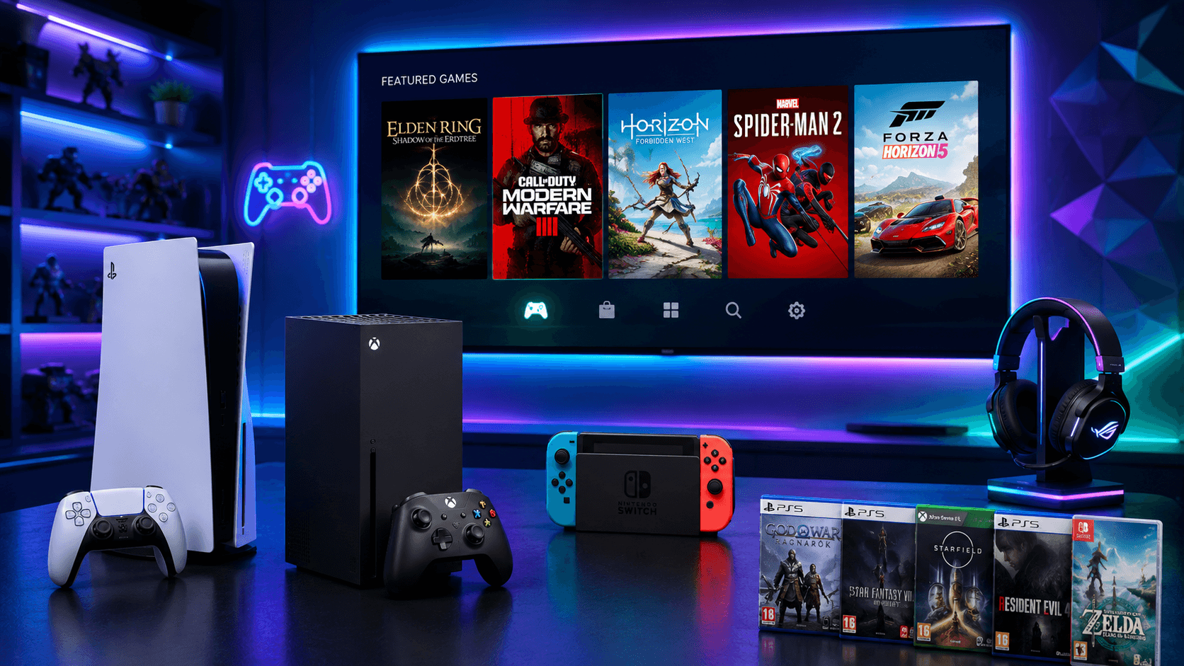 Premium gaming accessories and office peripherals with blue and purple lighting