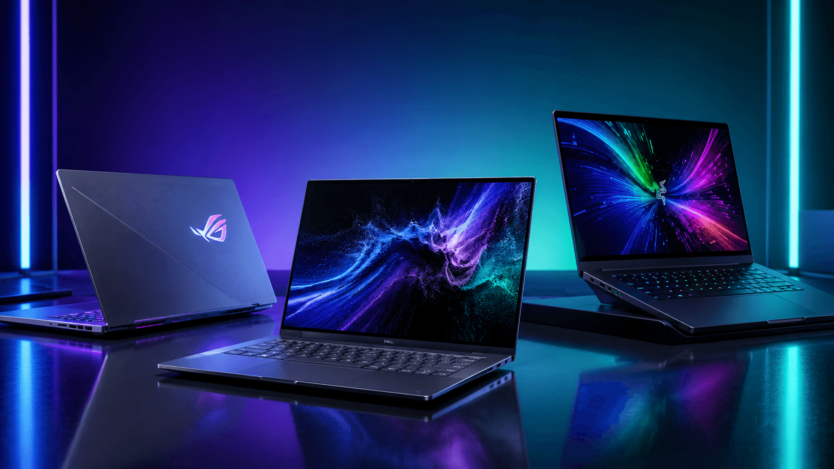 High-performance graphics cards displayed with neon studio lighting
